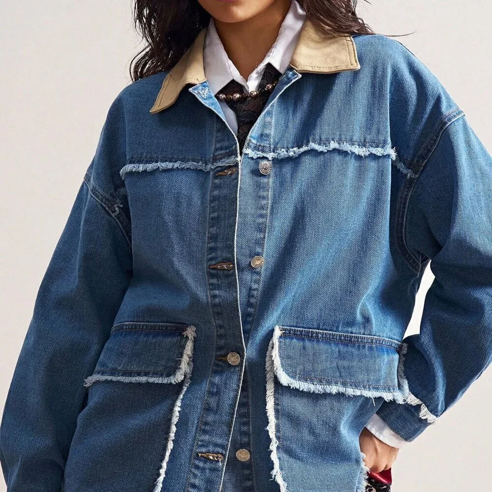 Blue Casual Women's Loose Woven oversized denim Jacket
